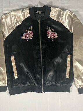 Floral Embroidered Satin‎ Bomber Jacket - Black & Champagne